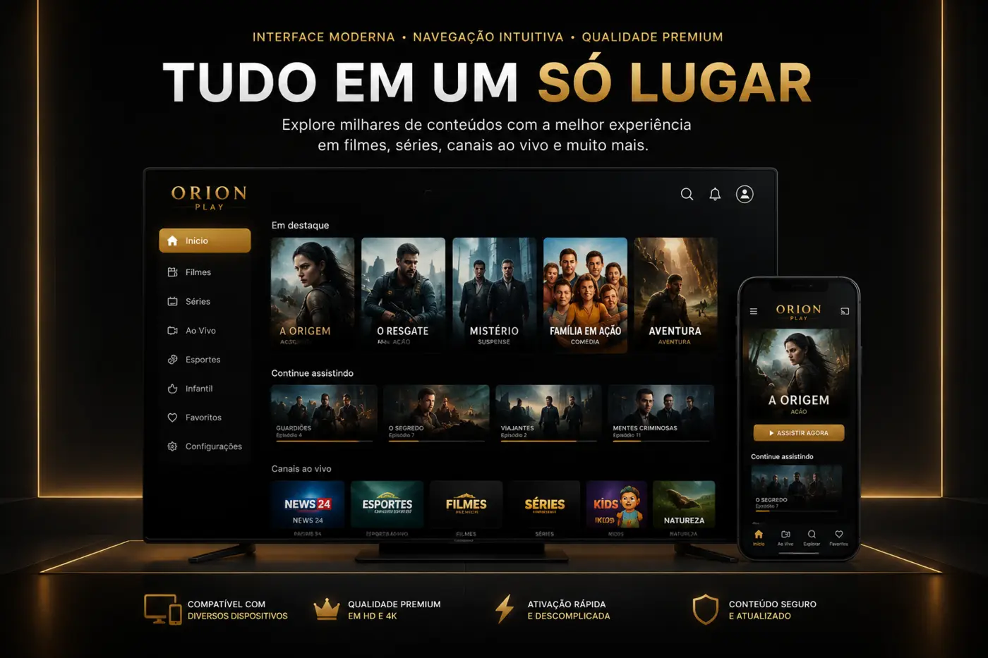Apresentação visual da Orion Play em uma televisão e um celular